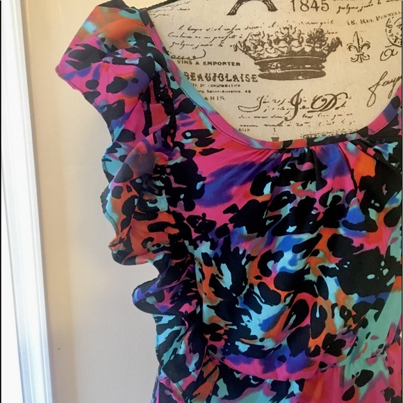NWOT Bright Color Floral One Shoulder Ruffle Dress - Picture 2 of 6